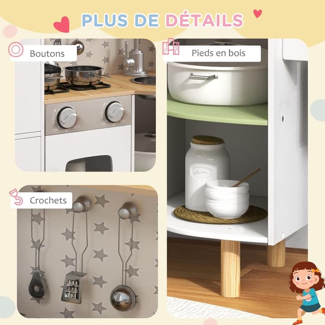 Detalle 2 de Cuisine enfant en bois AIYAPLAY (3 à 8 ans) avec machine à glaçons, évier inox et accessoires