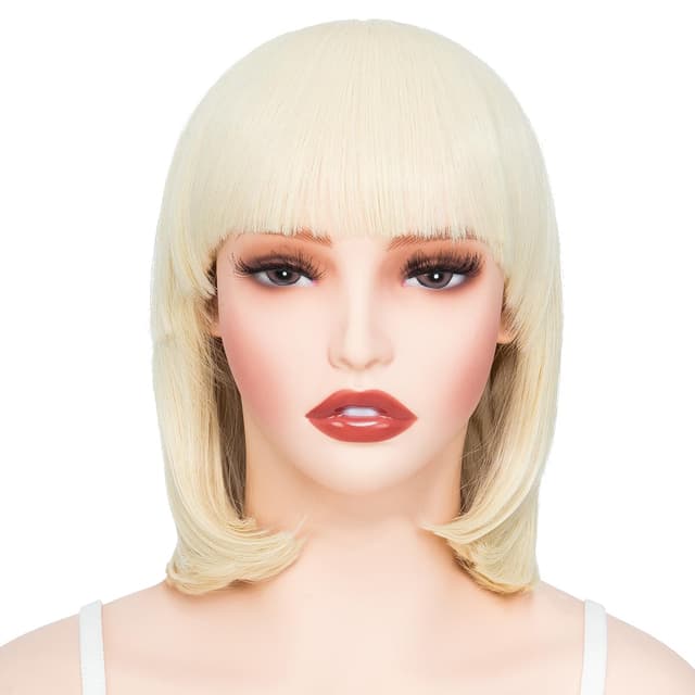 Detalle 2 de PARXITN Bob-Perücke mit Pony (blond, wellig) – Synthetikhaar, ca. 28 cm Schulterlänge