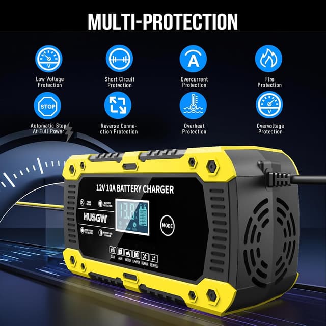 Detalle de Caricabatterie auto e moto 12V 10A con display LCD e multi-protezioni (modalità CAR, AGM, MOTO, LiFePO4, REPAIR) – Giallo 10A