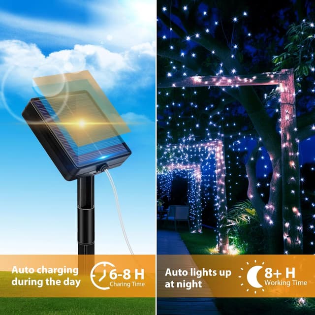 Detalle 2 de Peasur Peasur 3 pezzi catena luminosa esterno solare da 12 m con 120 LED e filo di rame, blu (impermeabile IP65)