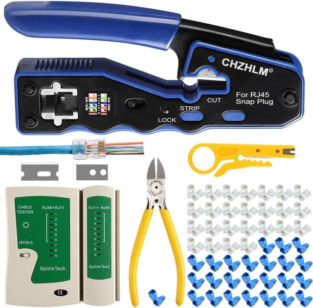 Detalle de CHZHLM RJ45 pass-through crimp tool kit with 50 connectors, covers, mini stripper and cable tester