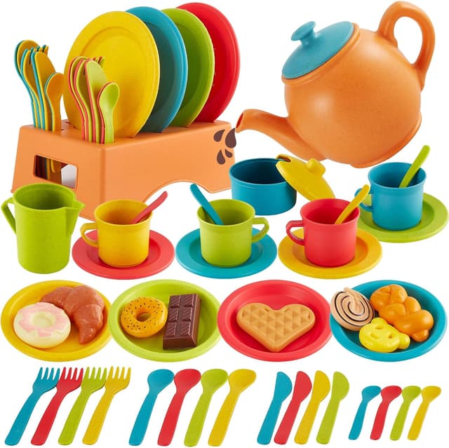 Detalle de Buyger Play Kitchen Accessories Tea Party Set with Dishes, Plates, and Utensils (Ages 3+)