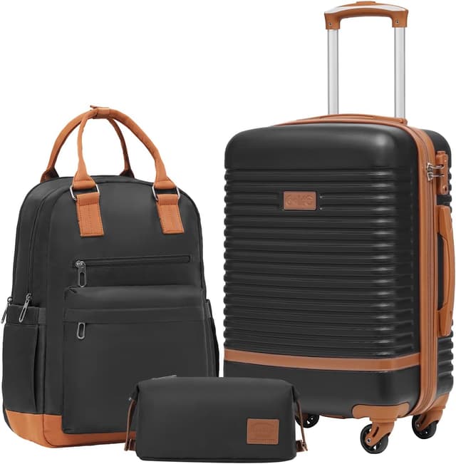 Detalle de COOLIFE Valise 3 pièces (petit) avec serrure TSA, 4 roulettes pivotantes 360° et kit de voyage noir/marron