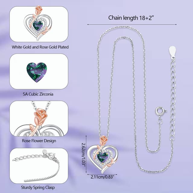 Detalle de LAVUMO Collier femme argent sterling 925 et laiton, pendentif double cœur rose et pierre de naissance