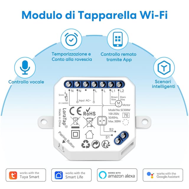 Detalle 2 de LoraTap Interruttore Tapparelle WiFi: modulo comando per tapparelle elettriche con Smart Life e Alexa, fino a 300W