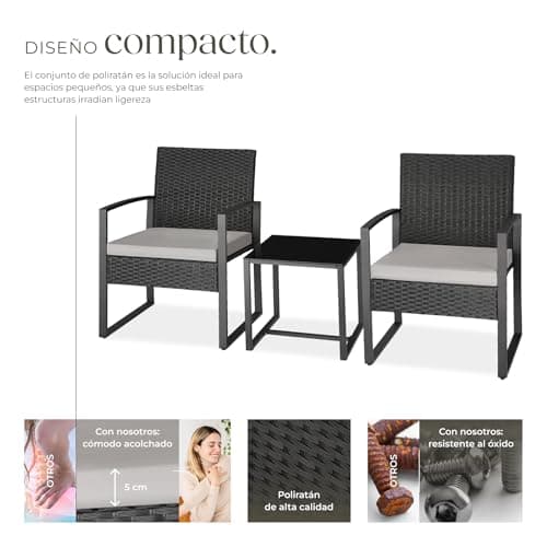 Detalle de tectake TecTake conjunto de jardín exterior para 2 personas con 2 sillas de ratán y mesa con tablero de vidrio