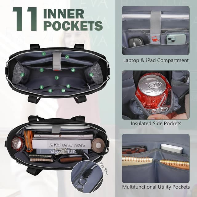 Detalle de RAINSMORE Lehrertasche Damen für 15,6-Zoll Laptops – wasserabweisende Nylon-Laptoptasche mit isolierten Fächern