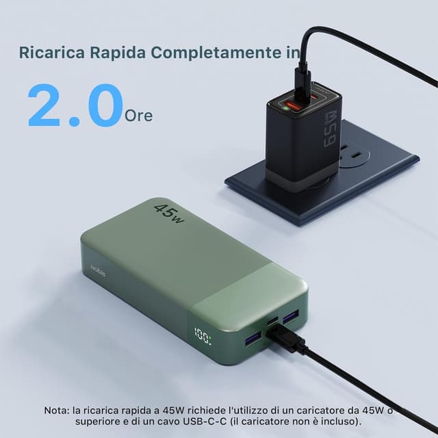 Detalle de NOBIS Power Bank 20000 mAh da 45 W con ricarica bidirezionale USB‑C e 4 porte (verde)
