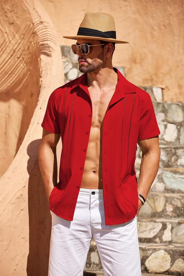 Detalle de COOFANDY Men's Cuban Guayabera Linen Shirt 🌴