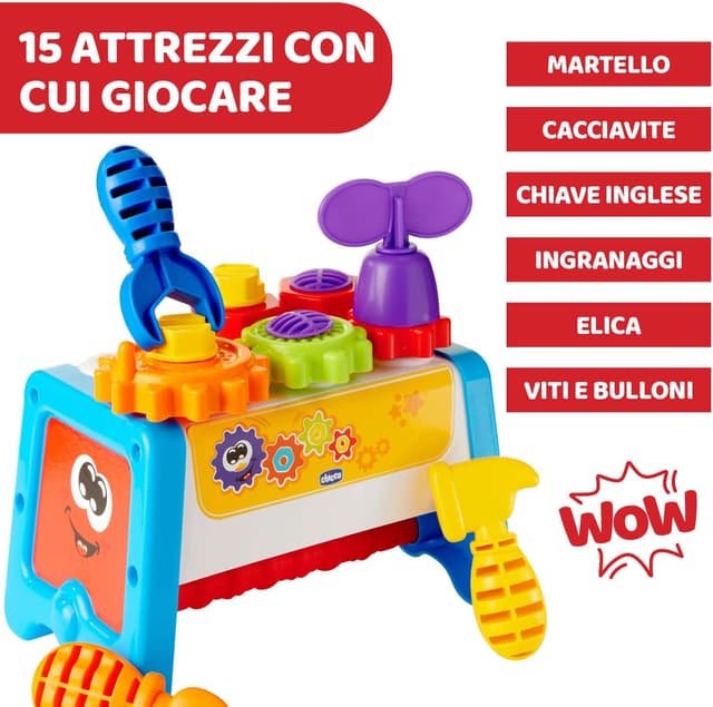 Detalle 2 de Chicco Cassetta degli Attrezzi 2 in 1 – Banco da lavoro per bambini con 15 pezzi e gioco STEM