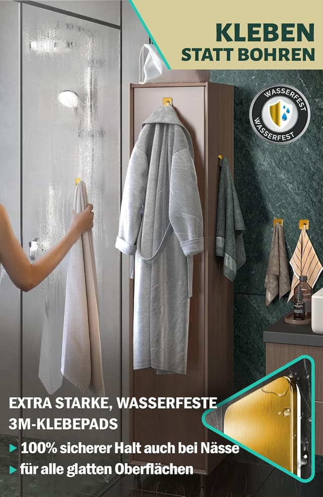 Detalle de Menz Handtuchhalter ohne Bohren (Golden) – 6 selbstklebende Klebehaken aus V2A, bis 10 kg