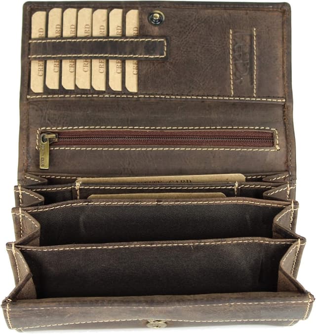 Detalle de Belli Vintage Leder Damen-Geldbörse lang mit vielen Kartenfächern, braun – 17,5 x 10 x 4 cm