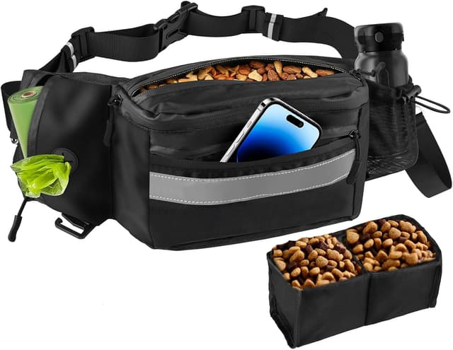 Detalle de Razobws Borsa Porta Snack per Cani con dispenser integrato e bande riflettenti, marsupio impermeabile nero