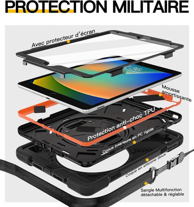 Detalle 2 de Étui BRAECN pour iPad 9e/8e/7e génération (10,2 pouces) avec protection d’écran, support 360° et dragonne
