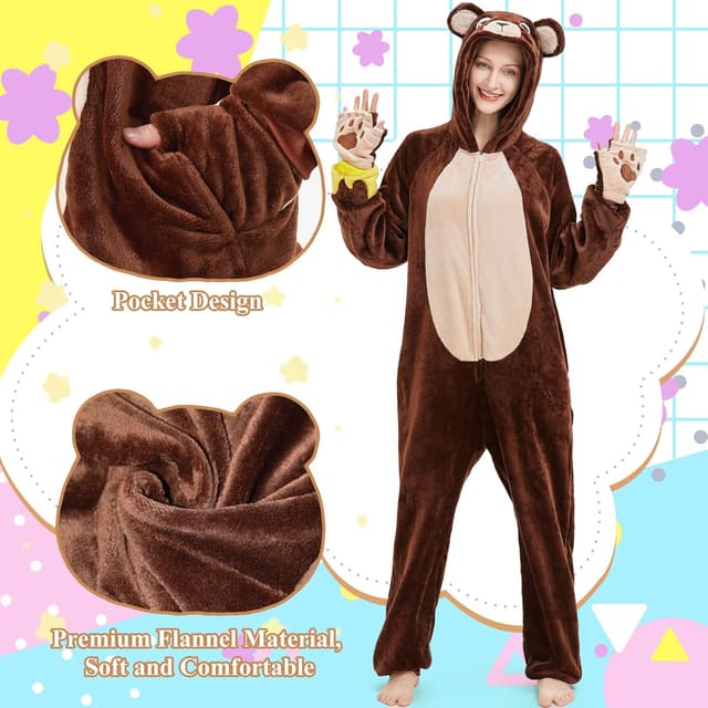 Detalle de Costume onesie adulte Ezuwail en forme d’ours, avec capuche et fermeture éclair dissimulée
