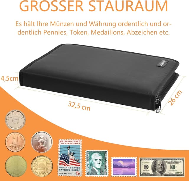 Detalle 2 de Münzsammelbuchhalter für Sammler mit feuerfestem Münzsammelalbum (300 Taschen) & 36 Hülsen – für Münzen, Geldscheine und Zubehör