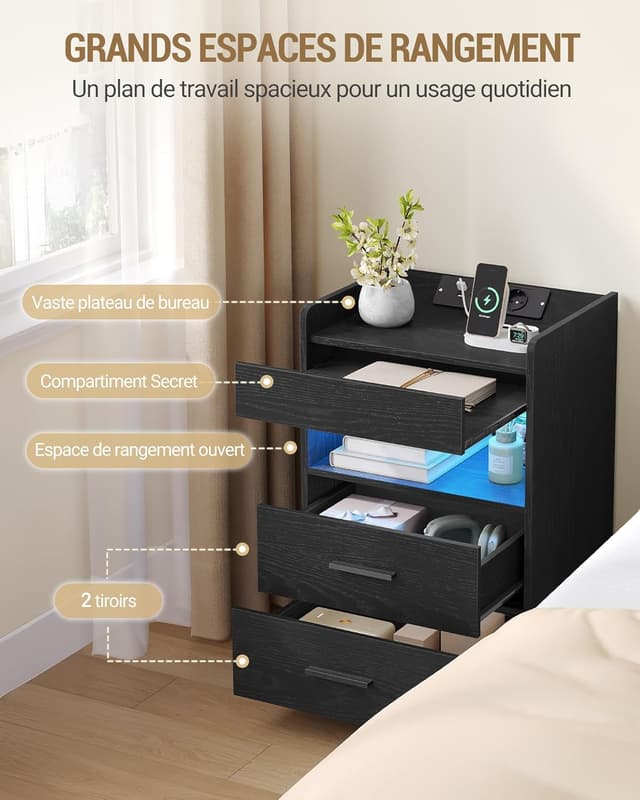 Thumbnail 6 de Hzuaneri table de chevet avec compartiment caché, éclairage LED, 2 prises et 2 ports USB (Noir NS33504XEU)