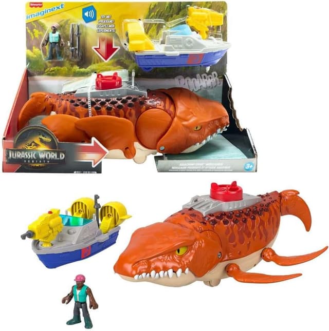 Detalle de Fisher-Price Imaginext Jurassic World Rebirth Aquachomp Mosasaurus playset (18-inch) with 3-inch action figure, launcher boat & projectiles