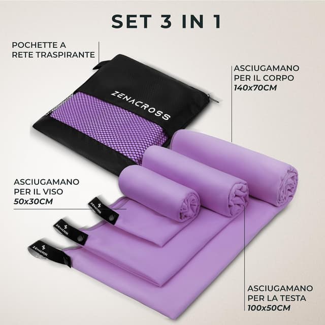 Detalle de ZENACROSS Zenacross Asciugamano Palestra (Set di 3) in microfibra con borsa per trasporto