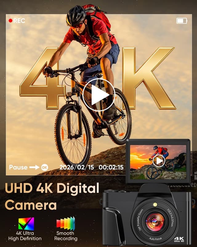 Detalle de 4K Digital Camera for Photography with WiFi, 64MP Autofocus & 3" Flip Screen (16X Zoom) – Black