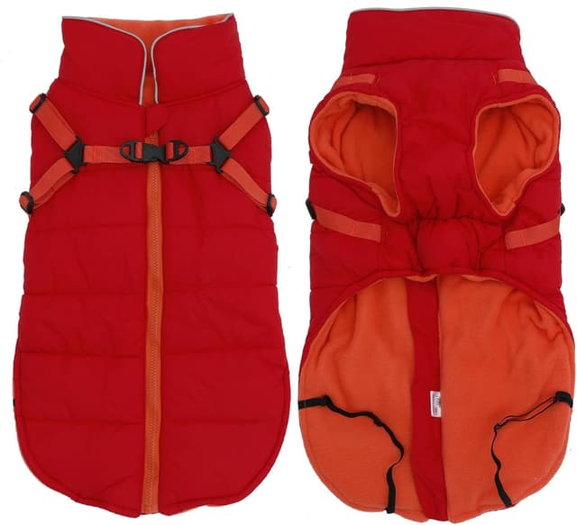 Detalle de babepet Waterproof Dog Coat with Harness (fleece-lined winter jacket) – Red – size S