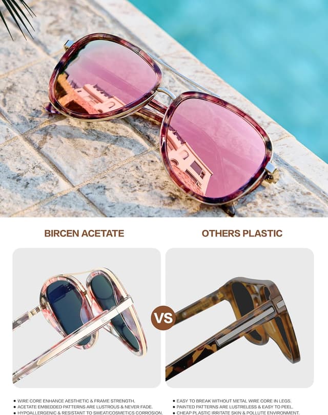 Detalle de Bircen BC2001 Polarized Retro Mirrored Sunglasses for Women with Acetate Frame