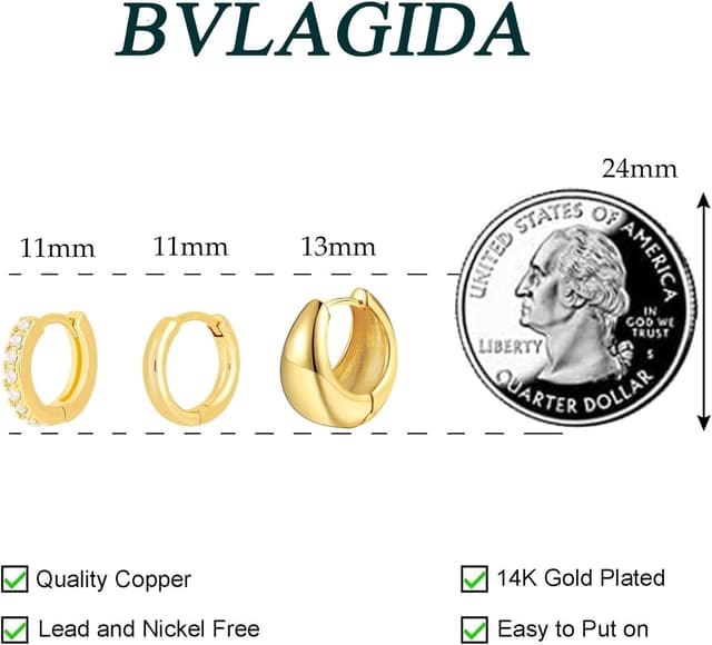 Detalle de BVLAGIDA – 3 paires de boucles d’oreilles femme plaquées or 14K, hypoallergéniques