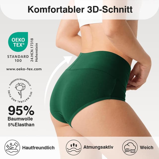 Detalle de QINCAO Damen-Unterhosen im 6er-Pack mit hohem Bund aus Baumwolle & Elasthan