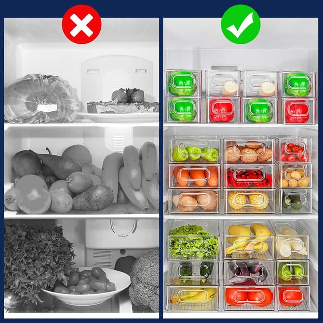 Detalle de Diwoker Kühlschrank Organizer stapelbar (8er Set) – transparente Aufbewahrungsboxen mit Griff