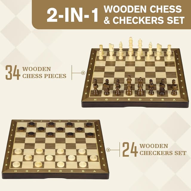 Detalle 2 de Peradix 2 in 1 Chess Set & Draughts Board (15" magnetic foldable walnut style) with extra queen pieces