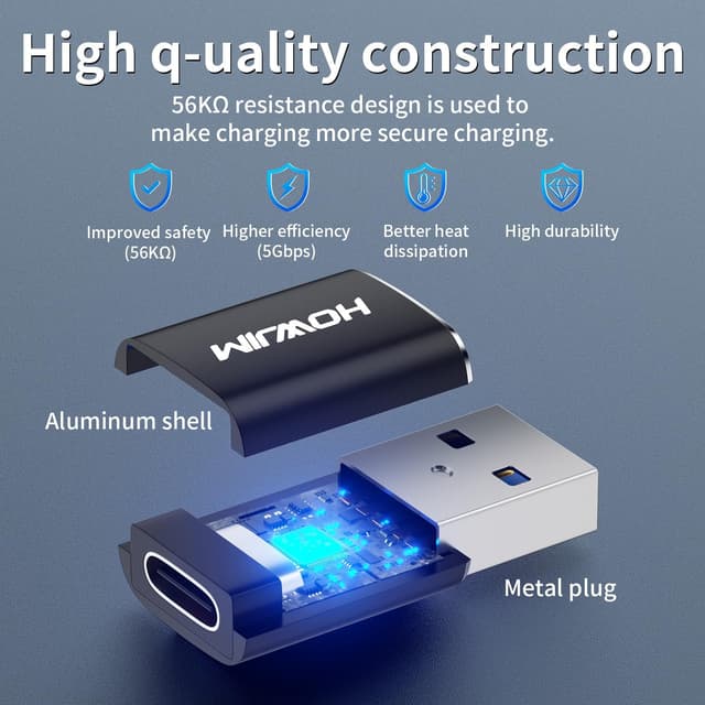 Detalle de HOWJIM USB 3.0 auf USB‑C Adapter (4 Stück) mit bis zu 5 Gbit/s und Schnellladung bis 100 W/PD