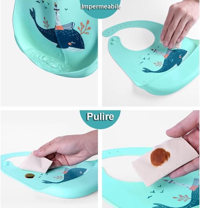 Detalle 2 de SLOSH Bavaglino in silicone impermeabile con tasca lavabile e raccogli briciole (6 mesi–6 anni)