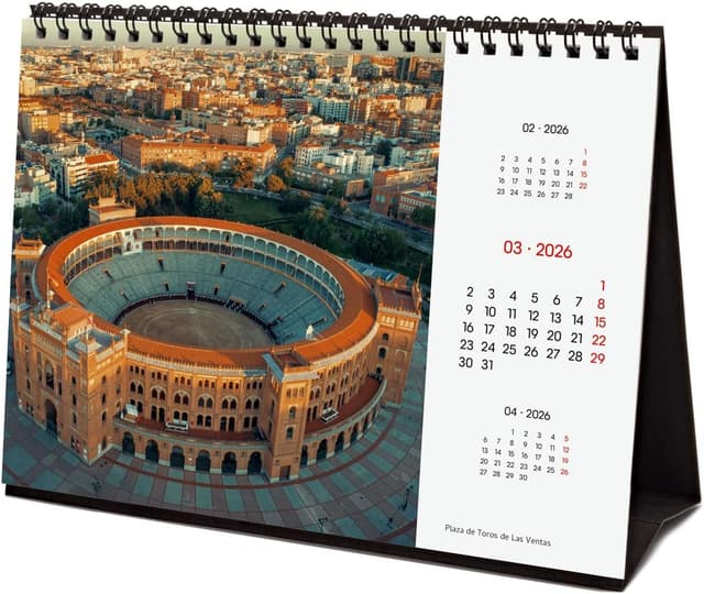 Detalle de Finocam Tischkalender 2026 mit Monatsansicht (Jan–Dez. 2026 + Sep–Dez. 2025 reduziert) und mehrsprachigem Kalendarium