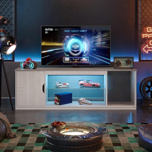 Detalle de Bestier mobile TV basso per TV fino a 65 pollici con luci LED RGB e ripiani in vetro regolabili