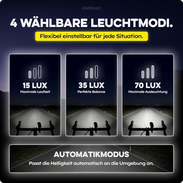 Detalle de XENOX ONROAD Fahrradlicht vorne mit automatischer Lichtanpassung, 70 Lux und USB‑C