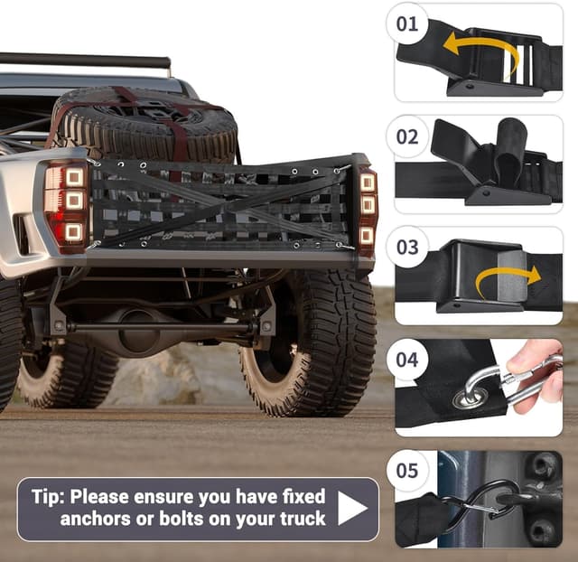 Thumbnail 6 de Heavy Duty Heckklappe Netz für LKW-Bett – Cargo Net mit 4 verstellbaren Riemen und Karabinerhaken