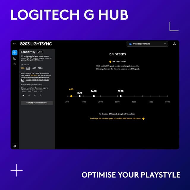 Detalle de Logitech G203 LIGHTSYNC Gaming Mouse (Blue) with Customisable RGB, 6 Programmable Buttons & 8K DPI Tracking