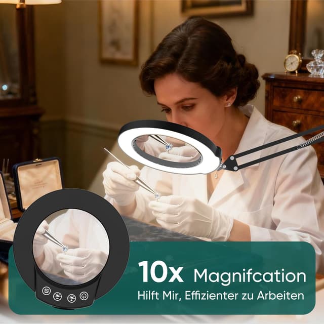 Detalle 2 de TYEE 10X Lupenlampe mit Licht und Klemme (5 Farbmodi, stufenlos dimmbar) – Schwarz