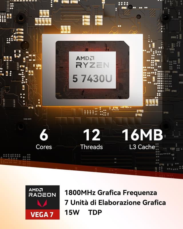 Detalle de GEEKOM A5 Mini PC con AMD Ryzen 5 7430U, 16GB RAM DDR4 e SSD 1TB, Windows 11, LAN 2.5G, slot SD, USB4 e HDMI