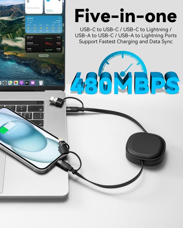 Detalle 2 de Minlu 5‑in‑1 Retractable USB Charging Cable 60W 🔌