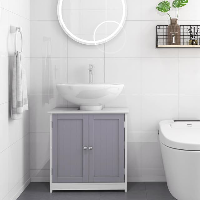 Thumbnail 6 de Meuble salle de bain sous lavabo kleankin (placard 2 portes avec étagère) en MDF gris & blanc