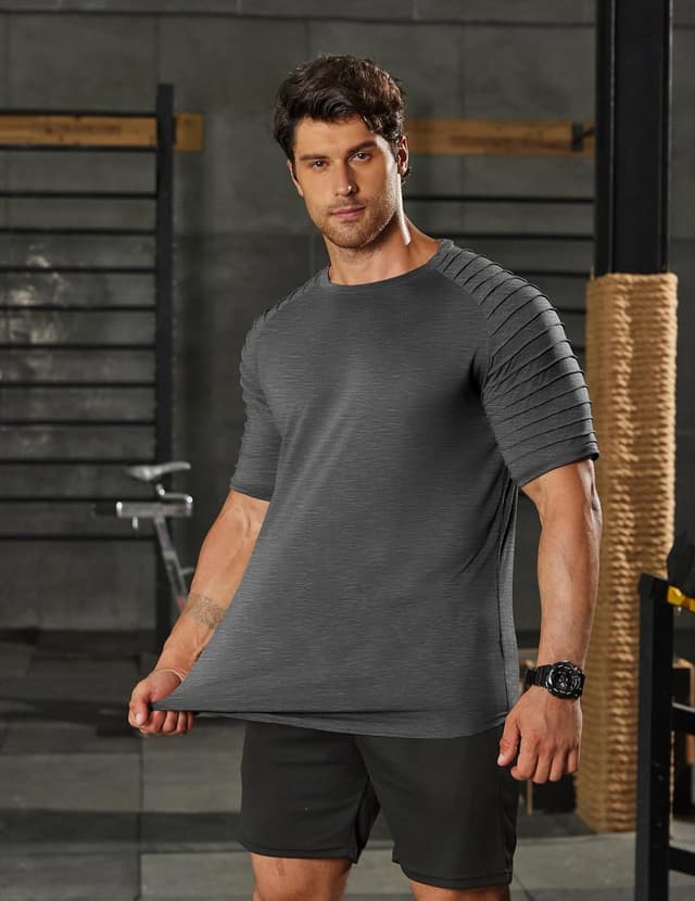 Detalle de COOFANDY T-shirt de sport à manches courtes raglan pour homme – col rond, séchage rapide