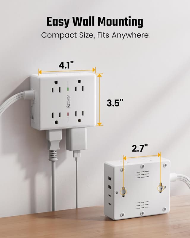 Thumbnail 6 de 10ft Power Strip Surge Protector with 8 Outlets & 4 USB ๐
