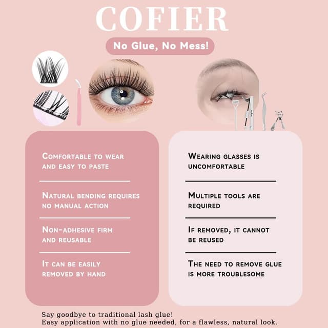 Detalle 2 de Cofier Glue-Free Wispy Lash Clusters Kit (100 Pcs) with Lash Tweezer, 12–20mm D Curl