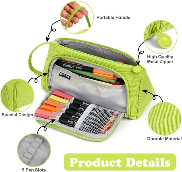 Detalle de APXEL Grande trousse de papeterie en velours côtelé vert (grand modèle zippé)