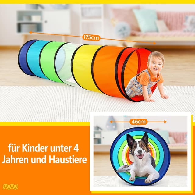 Detalle de Wilwolfer Kinder-Spieltunnel mit Mesh-Seiten (180 cm) – klappbares Outdoor-Spielzelt im Regenbogen-Design