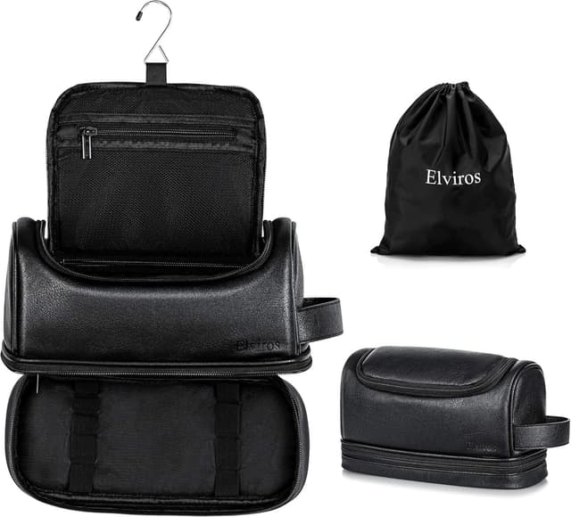 Detalle de Elviros water-resistant PU leather large double-layer toiletry bag for men