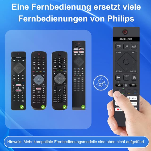 Detalle 2 de Universelle Infrarot-Fernbedienung für Philips Smart TV (OLED, QLED, The Xtra, The One, 4K, Ambilight) – Ersatz für Original