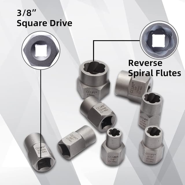 Detalle de CCLIFE coffret 15 douilles extracteurs pour boulons et écrous endommagés (Cr-Mo, 8 à 19 mm) entraînement carré 3/8