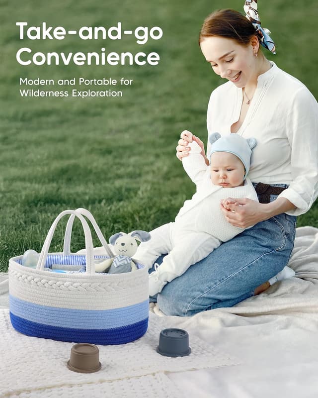 Detalle de Maliton Wickeltisch Organizer: Windel-Organizer mit Fächern, Griffen und T-Trennwand (36 x 22 x 18 cm) – Weiß/Blau